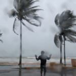 Uomo che sfida un uragano mentre venti forti muovono le palme, rappresentando la resilienza della natura a La Palma.