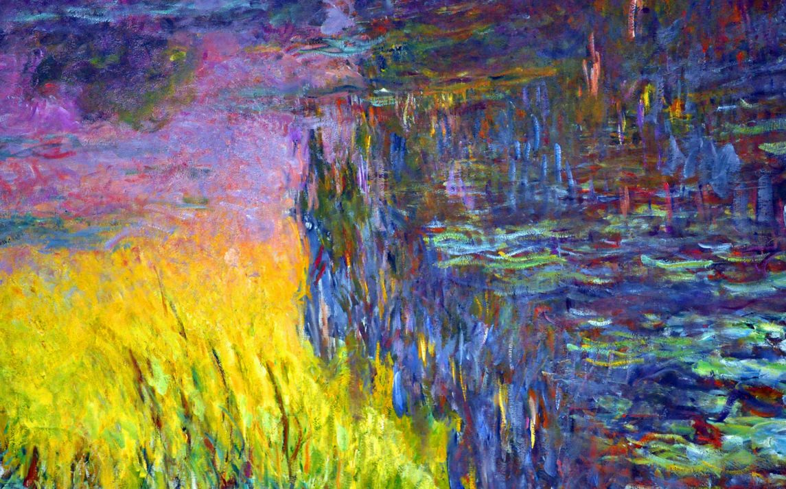**Testo alternativo:** Dettaglio di un'opera di Monet che mostra colori vivaci e pennellate fluide, esposta alla mostra al Vittoriano di Roma fino al 3 giugno 2018.