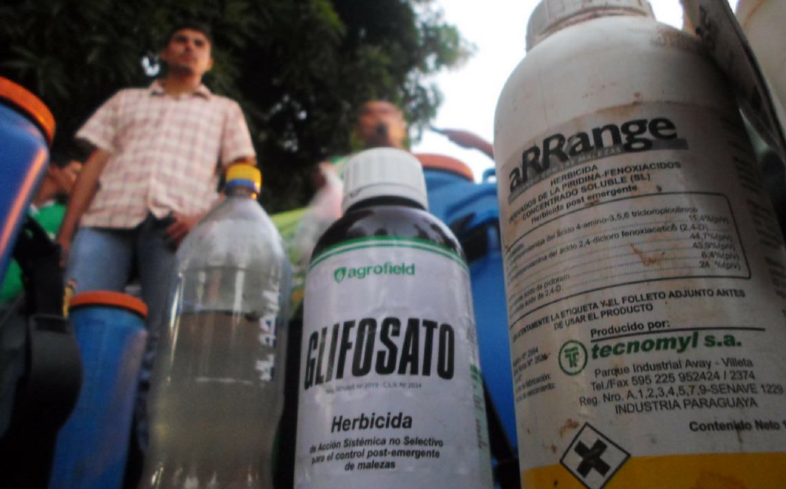 Immagine che mostra bottiglie di glifosato e altri erbicidi, evidenziando il dibattito europeo sul loro uso e le conseguenze ambientali.