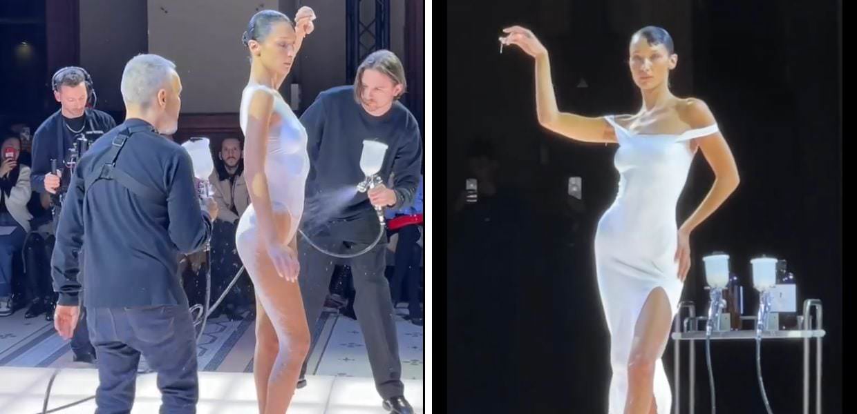 Modella sfila seminuda in passerella. Poi le "spruzzano" addosso un abito. Il video