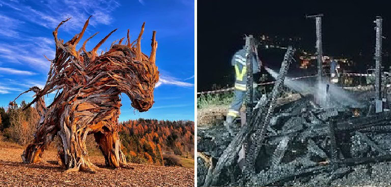 Il Drago di Vaia (simbolo della tempesta del 2018) è stato distrutto da un rogo