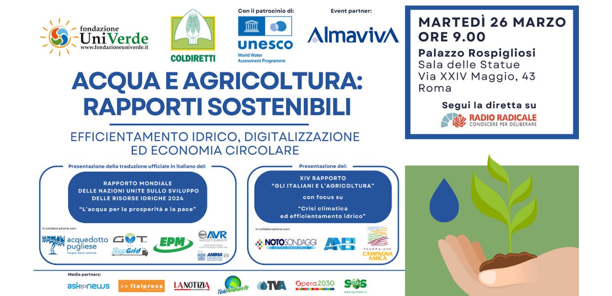 Acqua e agricoltura rapporti sostenibili, il 26 marzo a Roma il convegno promosso da Fondazione UniVerde