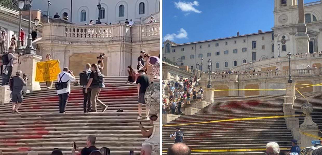 Vernice rossa sulla scalinata di Trinità dei Monti, il blitz di Bruciamo tutto