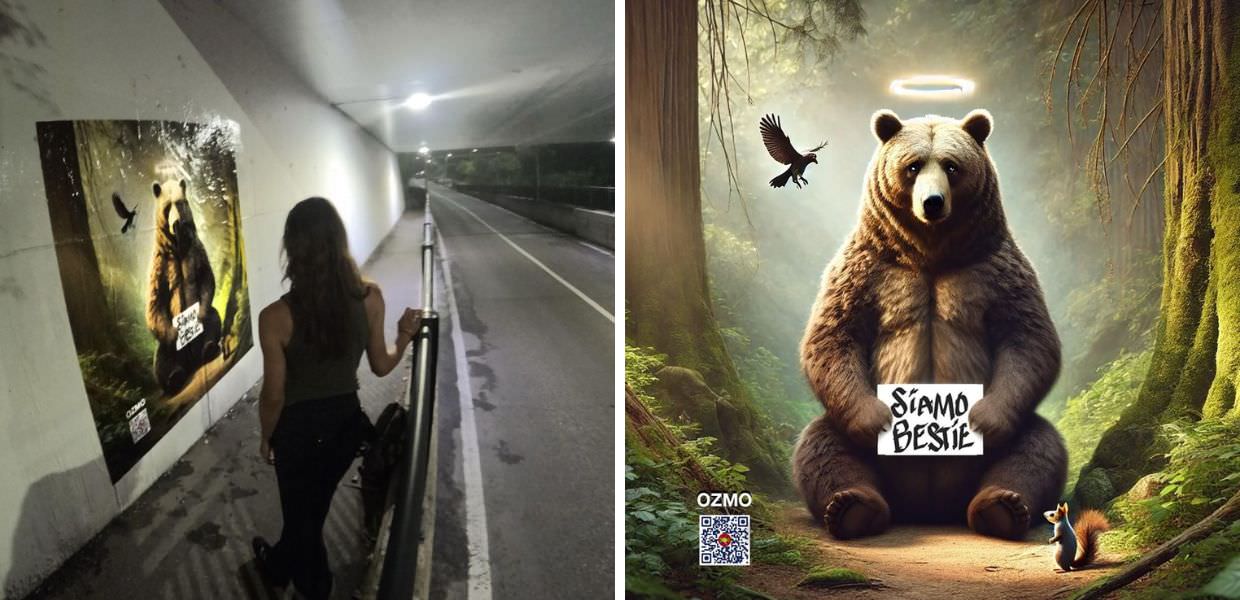 Un'orsa con l'aureola, così lo street artist Ozmo ricorda KJ1