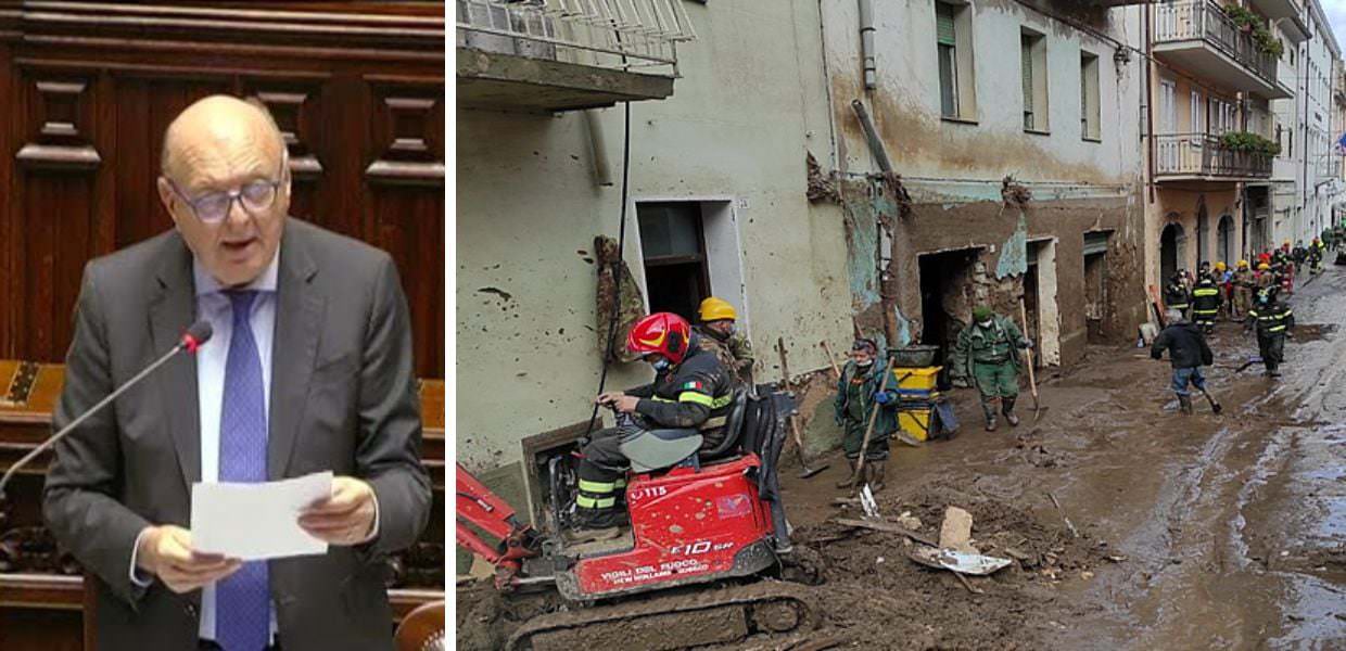 Pichetto Fratin parla in parlamento sul dissesto idrogeologico, mentre i soccorritori lavorano in un'area alluvionata, richiedendo 2,5 miliardi.
