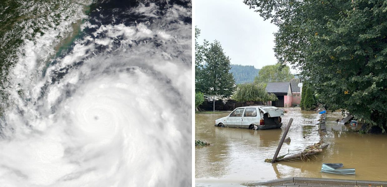 Immagine che illustra gli effetti devastanti delle alluvioni di settembre, aggravate dal riscaldamento globale, con inondazioni e distruzione evidente.