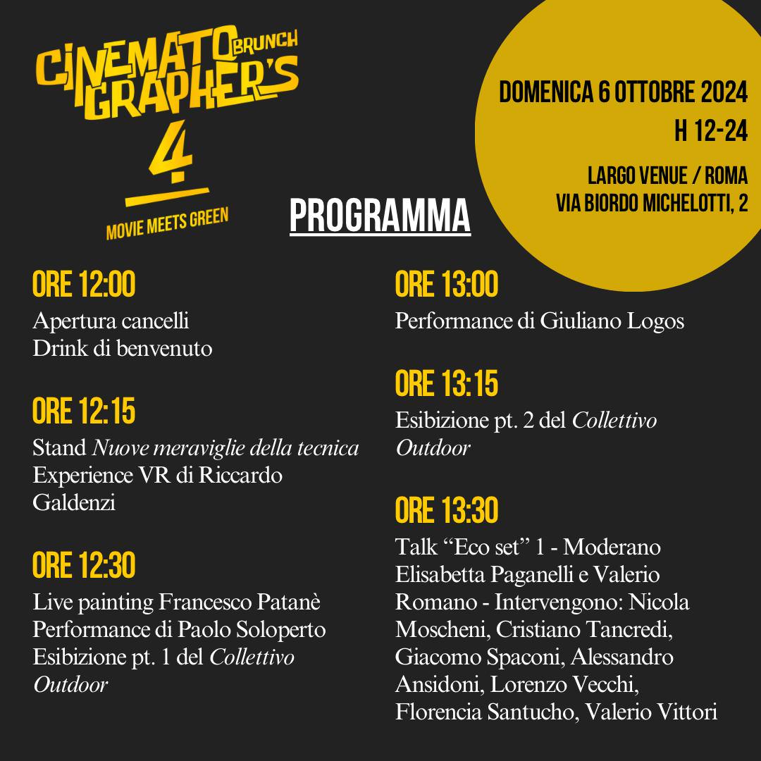 Testo alternativo SEO: Programma del Cinematographer's Brunch con eventi ecologici e performance artistiche, Roma, 6 ottobre 2024. Un'iniziativa per la sostenibilità.