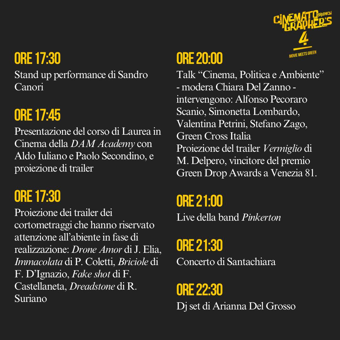 Testo alternativo SEO-friendly: Programma del brunch del cinematografo, includendo presentazioni, proiezioni e performance per la transizione ecologica nel cinema italiano.