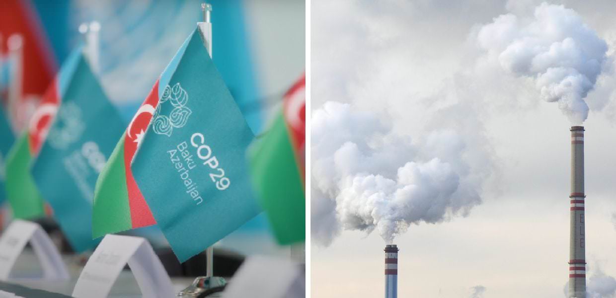 Img 1: Bandiera del COP29 con logo a Baku, Azerbaigian; Img 2: Ciminiere emissioni, simbolo delle sfide climatiche durante il riconoscimento dell'addio ai fossili.