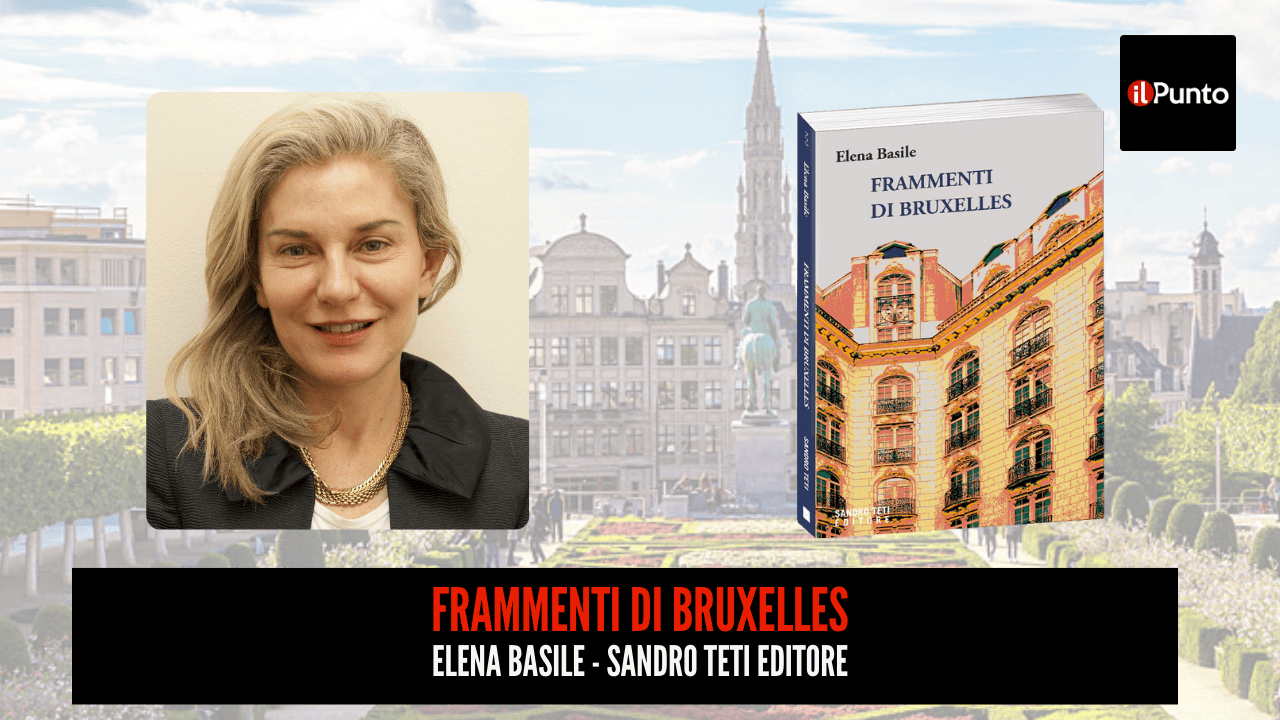 Trasmissione Frammenti di Bruxelles di Elena Basile con copertina libro e sfondo della città, per il programma Il Punto.