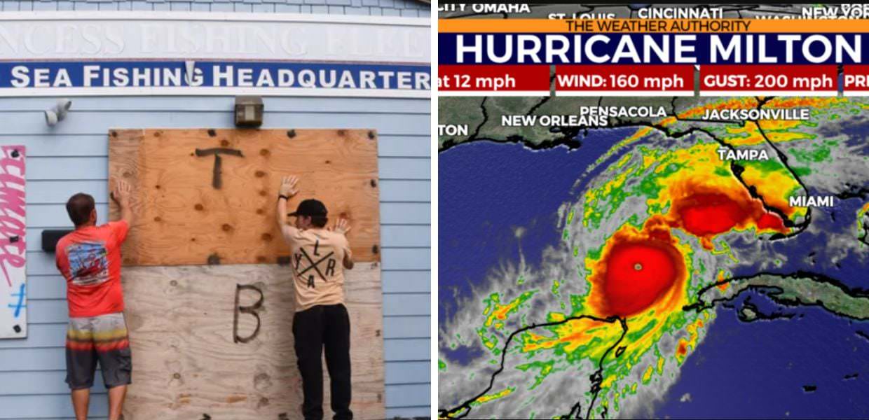 Due uomini rinforzano un negozio di pesca mentre si prepara all'uragano Milton, un evento devastante legato al riscaldamento globale.