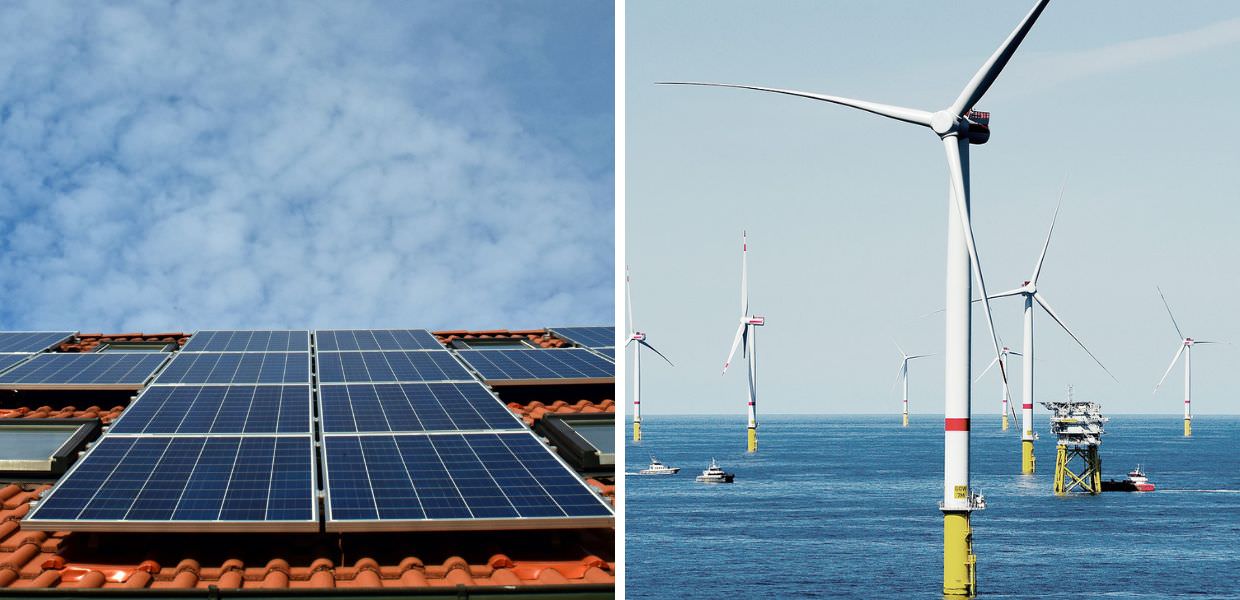 Immagine che illustra l'energia rinnovabile nel 2030: pannelli solari su un tetto e turbine eoliche offshore, simboli di un futuro sostenibile.