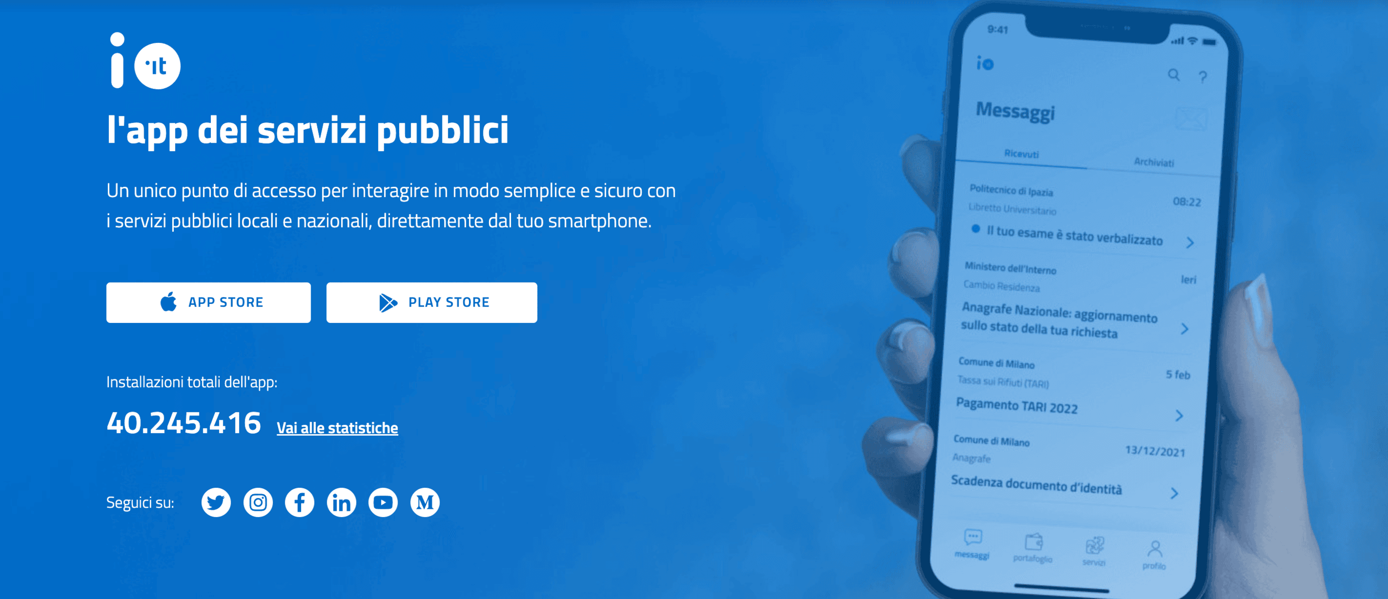 Screenshot di un'app mobile che offre accesso ai servizi pubblici in modo semplice e sicuro, con focus su documenti digitali e valore legale.