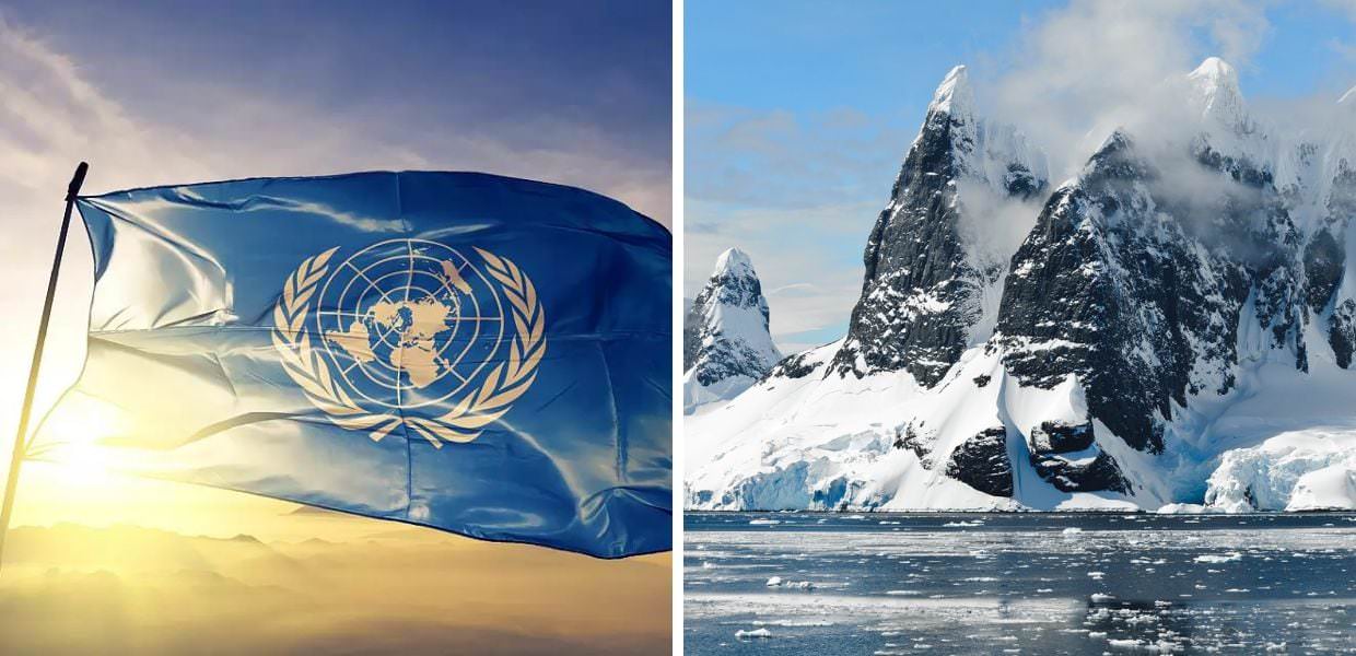 Bandiera dell'ONU e paesaggio artico che evidenziano la crisi climatica e il fallimento nella lotta contro il riscaldamento globale secondo l'ONU.