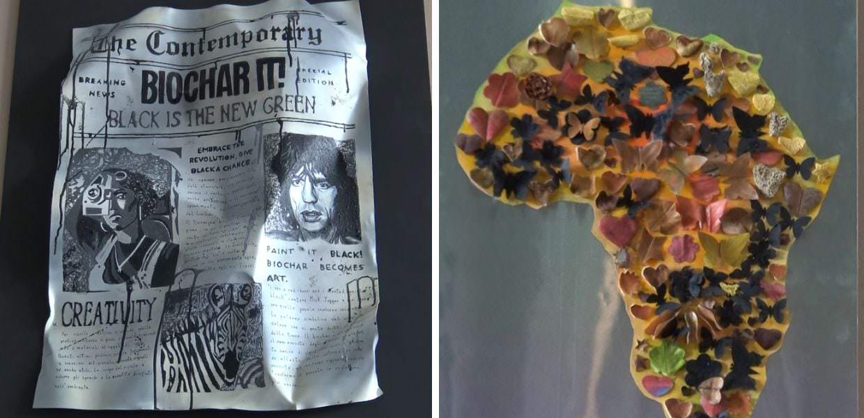 Messaggio artistico sul carbone, evidenziando il progetto BiochArt con lavori creativi e un mappamondo d'Africa in mostra a Roma.