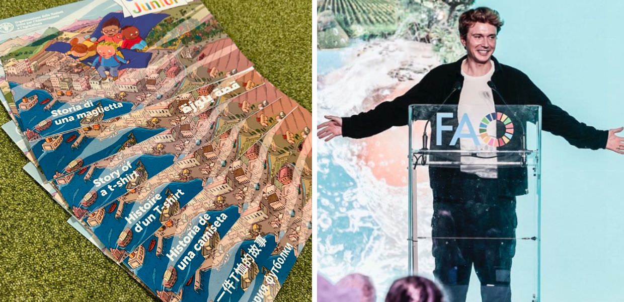 Matteo Ward presenta il progetto Storia di una maglietta alla FAO, la moda sostenibile spiegata ai bambini.