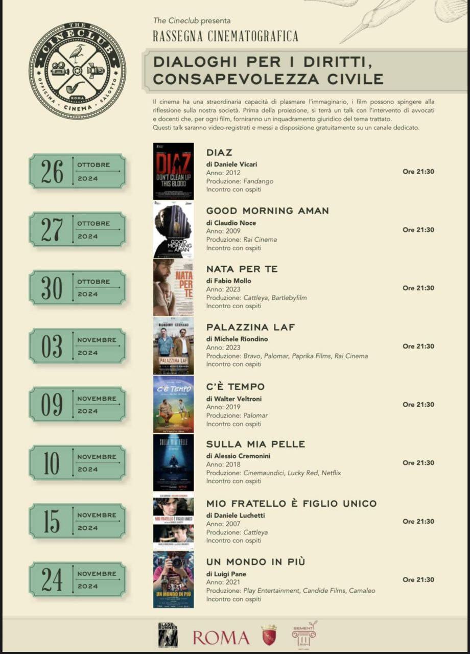 Rassegna cinematografica The Cineclub: eventi che promuovono dialoghi su diritti e consapevolezza civile. Scopri il programma autunnale.