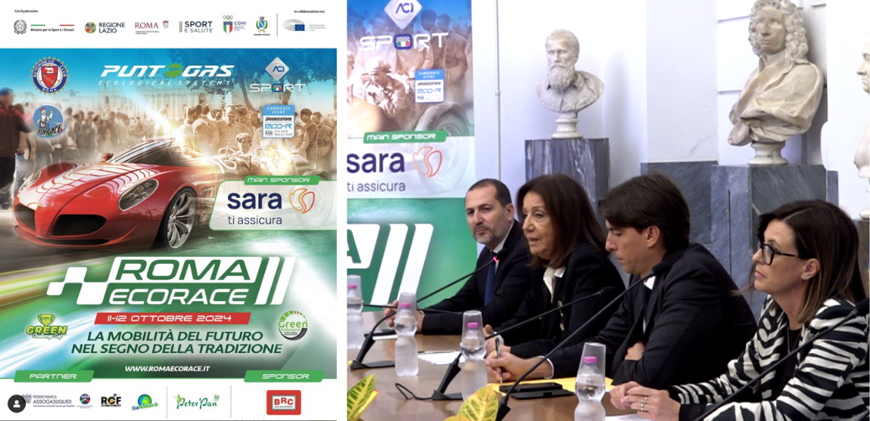Locandina della Roma Eco Race, evidenziando la gara ecologica e il focus sulla mobilità sostenibile al suo secondo evento, 2024.