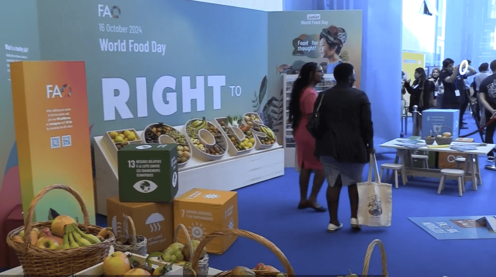 Festa della Giornata Mondiale del Cibo, stand colorato con frutta e verdura, eventi per sensibilizzare sul tema della sicurezza alimentare e fame zero.