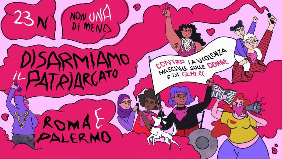 Manifestazione contro la violenza di genere, con persone unite per disarmare il patriarcato, simbolo di lotta e solidarietà femminile.