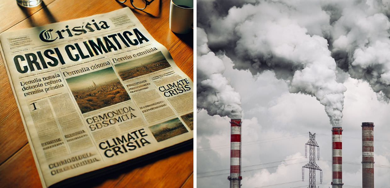 Testo alternativo: Primo piano di un giornale che evidenzia la crisi climatica, accostato a un'immagine di emissioni industriali, simbolo dei cambiamenti climatici.