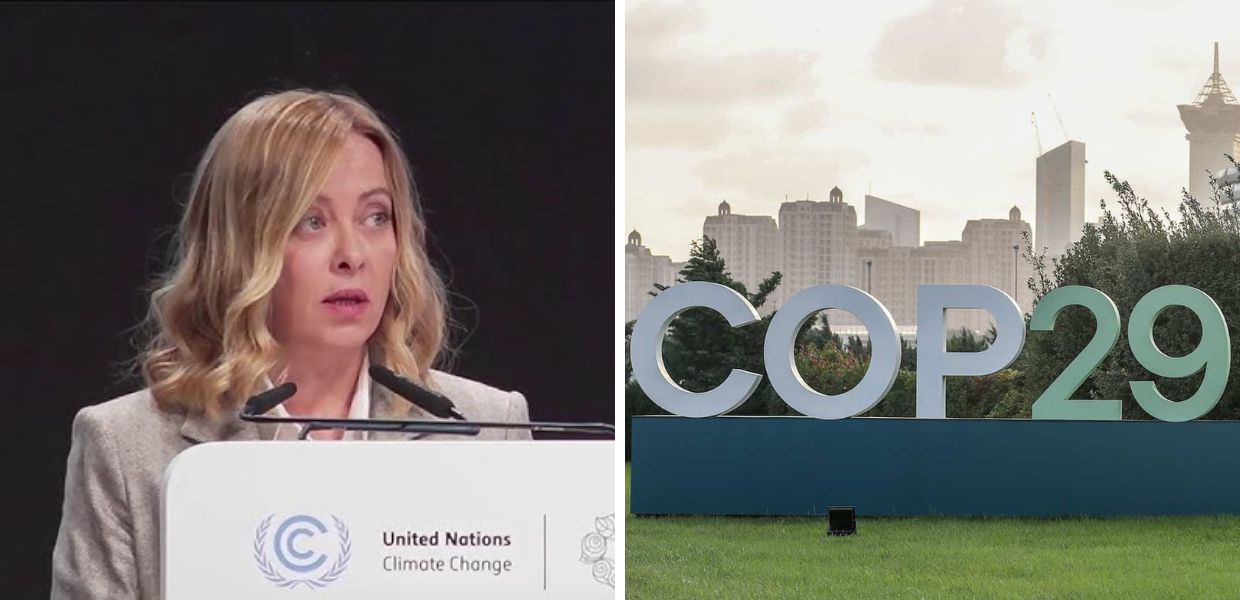 Immagine di Giorgia Meloni durante il COP29, mentre discute l'assenza di alternative ai combustibili fossili in un importante intervento.