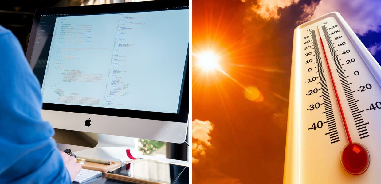 Testo alternativo: Immagine che illustra l'aumento del calore estremo globale nel 2024, con un termometro che segna temperature elevate e un computer in uso.
