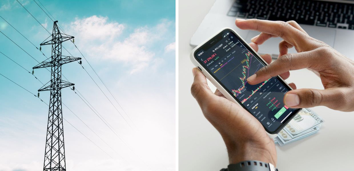 Immagine di un traliccio elettrico e qualcuno che analizza i prezzi delle bollette su smartphone, simbolo dell'alta spesa energetica in Italia.