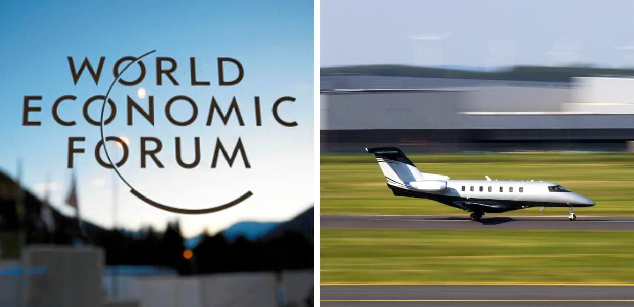 Testo alternativo SEO: Logo del World Economic Forum con jet privato in partenza, simbolo della crisi climatica e dei super-ricchi a Davos.