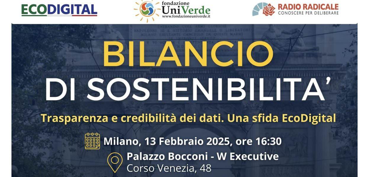 Locandina evento Bilancio di Sostenibilità a Milano il 13 febbraio 2025, Palazzo Bocconi, focalizzato su trasparenza e dati EcoDigital.