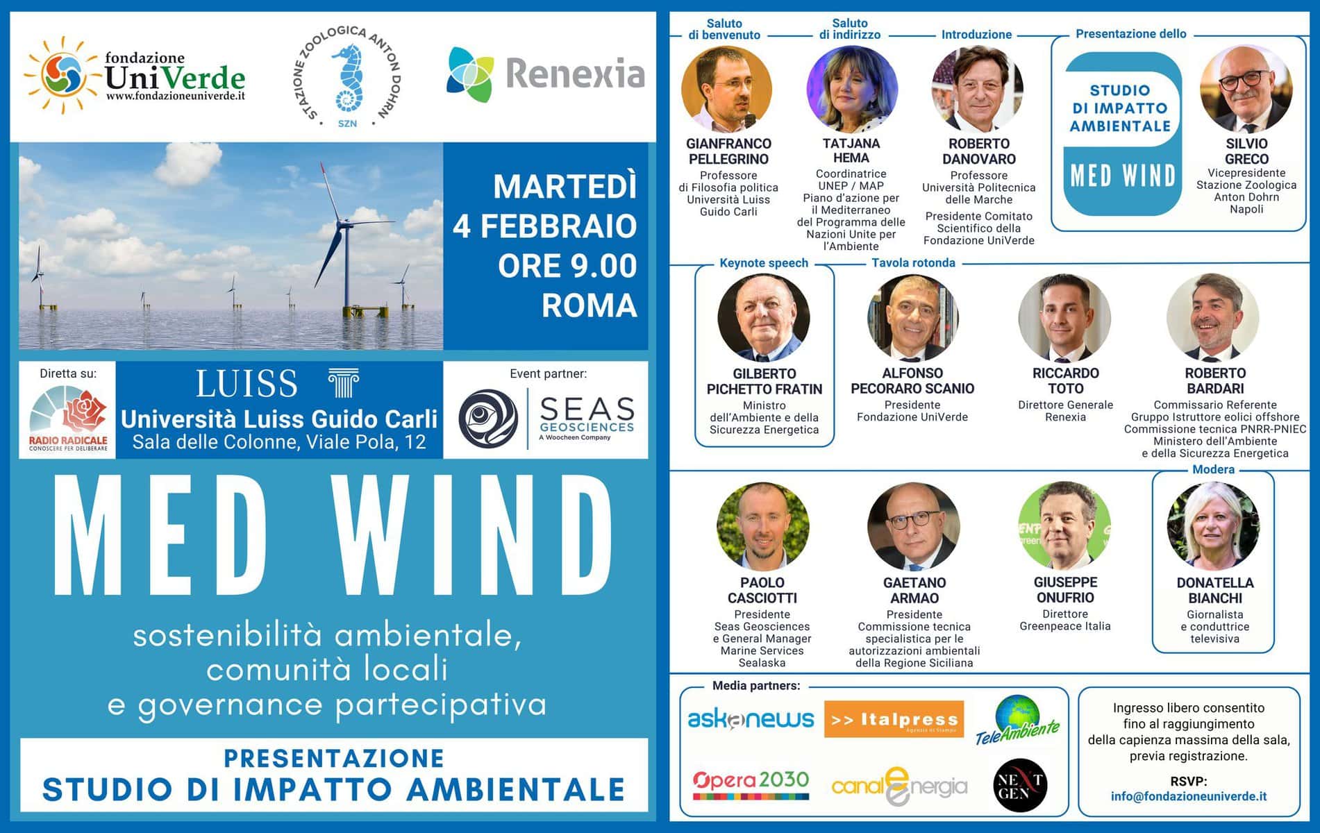 Presentazione del progetto Med Wind per il primo parco eolico offshore galleggiante nel Mediterraneo, con focus su sostenibilità e governance.