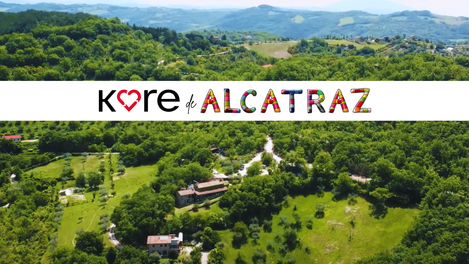 Immagine panoramica della natura verdeggiante con il logo di Kore de Alcatraz, simbolo di empowerment femminile contro la violenza.