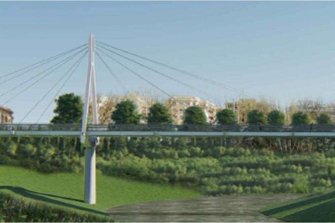 Un'illustrazione del progetto della ciclopedonale Conca d'Oro-Sacco Pastore, evidenziando il ponte sospeso in un contesto naturale verde.