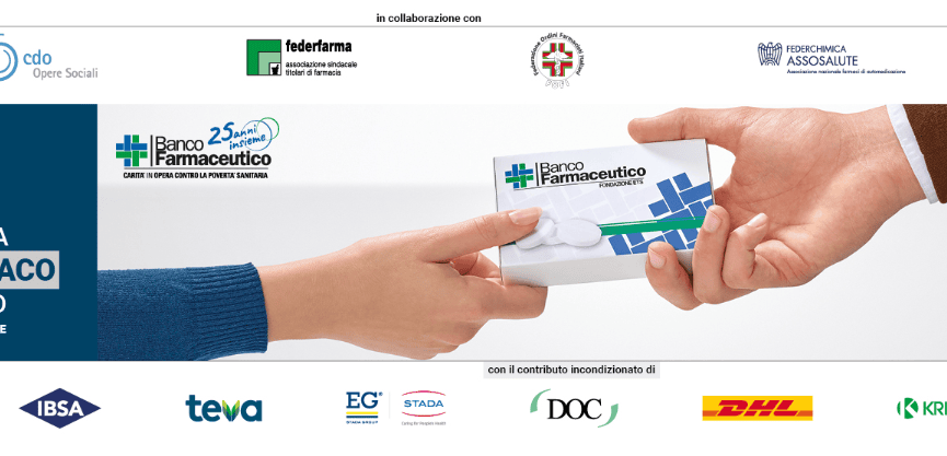 Immagine che promuove la Giornata per la Raccolta del Farmaco, evidenziando la collaborazione con diverse organizzazioni e aziende farmaceutiche.