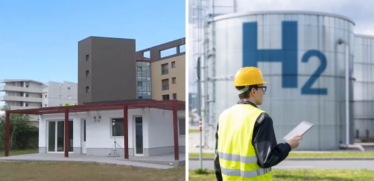 Casa a idrogeno innovativa in Scozia e scienziato che analizza la produzione di idrogeno, simbolo di sostenibilità e tecnologie emergenti.