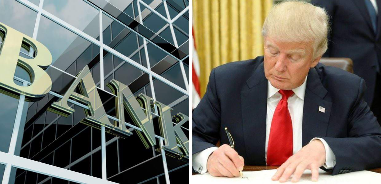 Sezione con il logo di una banca e Trump mentre firma, evidenziando l'abbandono di sei banche americane dall'alleanza per il clima.