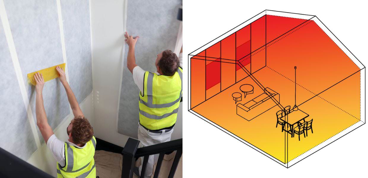 Carta da parati elettrica innovativa installata su pareti, con rappresentazione del riscaldamento ambientale in un soggiorno moderno.