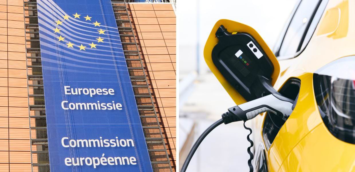 Immagine dell'esterno della Commissione Europea e di un'auto elettrica in ricarica, simboli del futuro della mobilità nell'UE oltre il 2035.