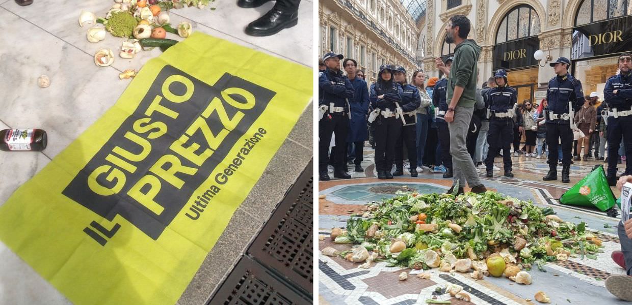 A Roma un’altra azione di disobbedienza civile all’Hotel Bulgari firmata Ultima Generazione. Scarti di frutta e verdura come simbolo di ciò che resta agli italiani a fine mese. Anche a Milano verdura marcia in Galleria Vittorio Emanuele II.