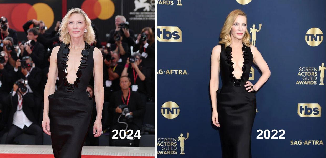 I look sostenibili avvistati (o no) sul red carpet della Mostra del Cinema di Venezia 2025.  Cate Blanchett non si smentisce con il suo abito nero firmato Armani Privé.