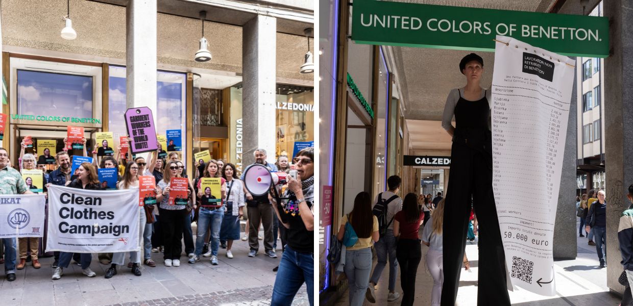 A Milano, Campagna Abiti Puliti porta uno scontrino gigante indirizzato a Benetton: "È ora di pagare il conto!"